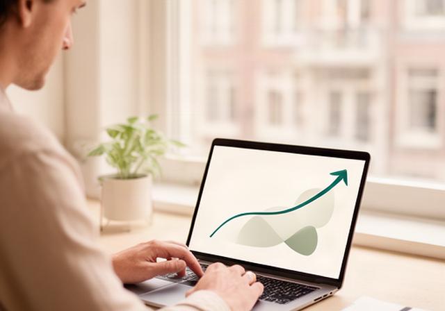 Persoon bekijkt een rustige groeigrafiek op een laptop aan een lichte Amsterdamse werktafel