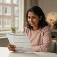 Amisha Bhulai leest een financieel overzicht aan een tafel in Amsterdam