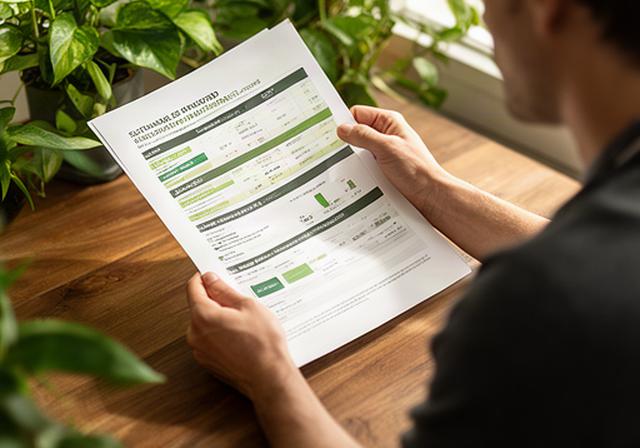 Persoon bekijkt een duurzame beleggingsrapportage aan een houten tafel met groene planten