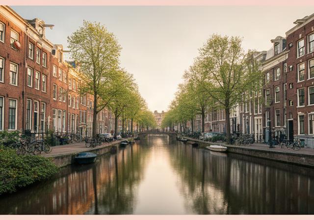 Rustige Amsterdamse gracht met bomen, bakstenen gevels en zacht ochtendlicht