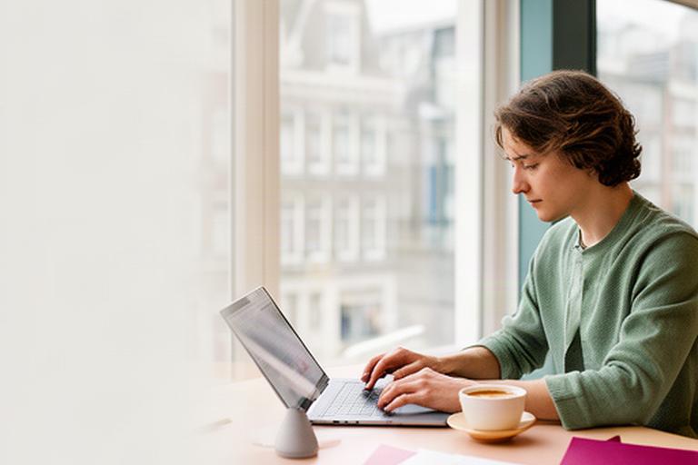 Jonge professional met laptop en koffie aan een tafel in een lichte Amsterdamse werkruimte
